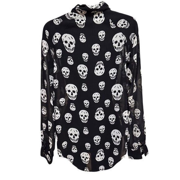 Fun and Flirt Womens S Black Skull Print Sheer Hi-Low Long Sleeve Blouse - Picture 2 of 13
